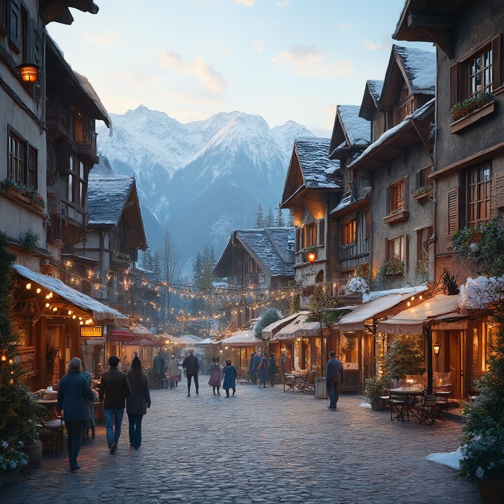 European-style pedestrian village with cobblestones streets, alpine architecture, elegant shops, people strolling, with a backdrop of snow-capped mountains in warm evening light