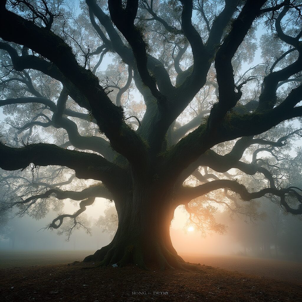 Angel Oak Tree at sunrise with dew-kissed, moss-covered branches stretching against a misty sky