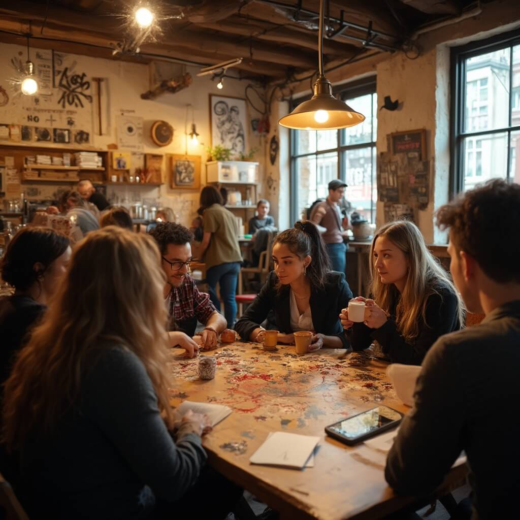 Diverse groups of people including students, artists, and entrepreneurs engaging in conversation and activities in a warm-lit, eclectic community coffee space in Ann Arbor.