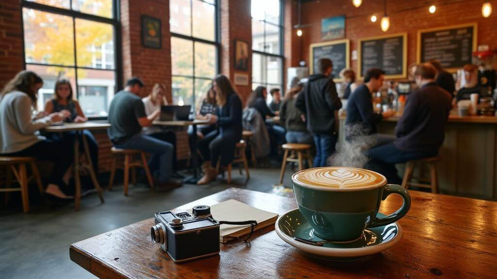 "Cozy Ann Arbor coffee shop interior with large windows, exposed brick walls, and patrons engaged in various activities, foreground features lavender-honey latte, a notebook, and a vintage camera on a reclaimed wood table."