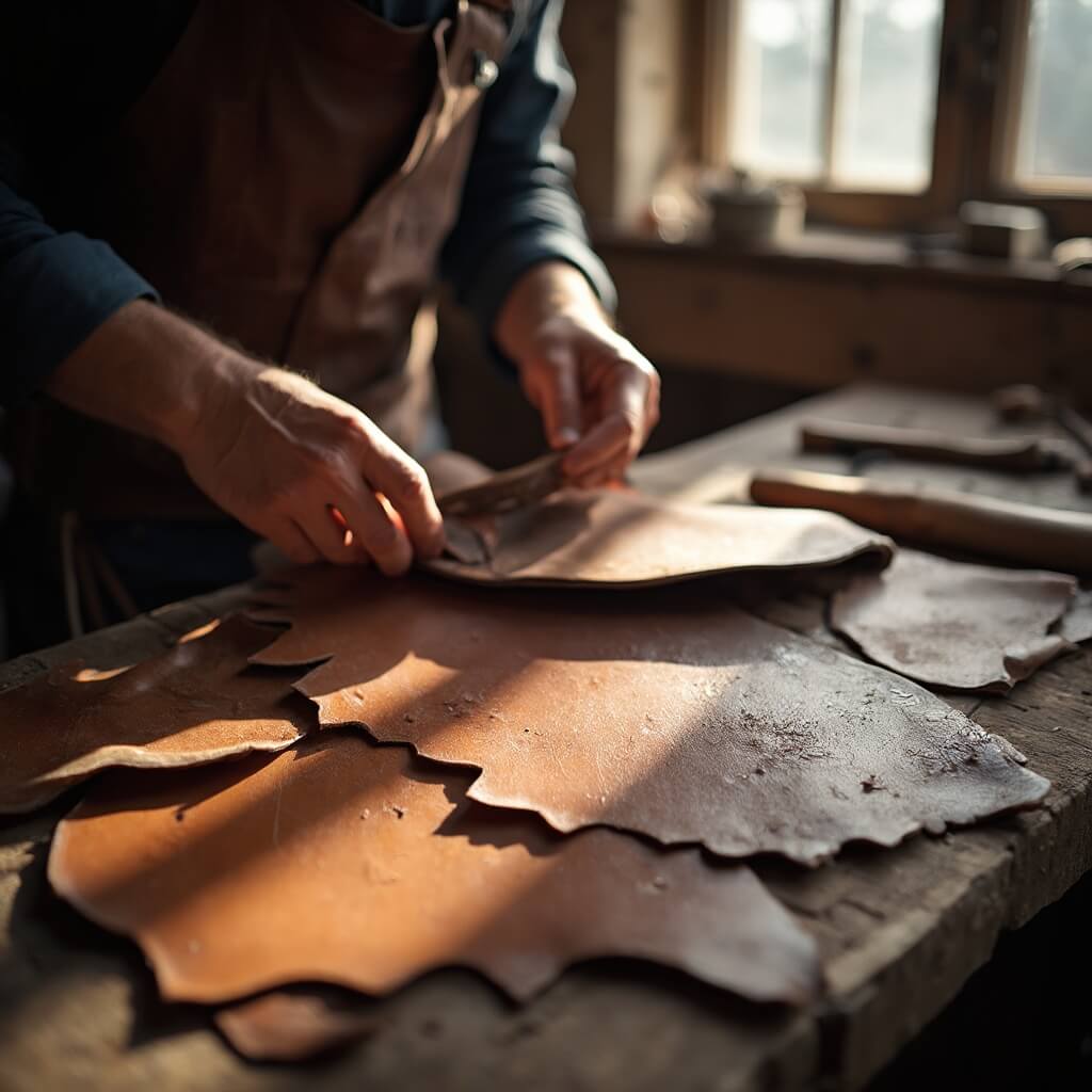 Artisan crafting a traditional Western saddle bag from rich brown leather on a rustic workbench, with leatherworking tools nearby and natural light streaming from a workshop window