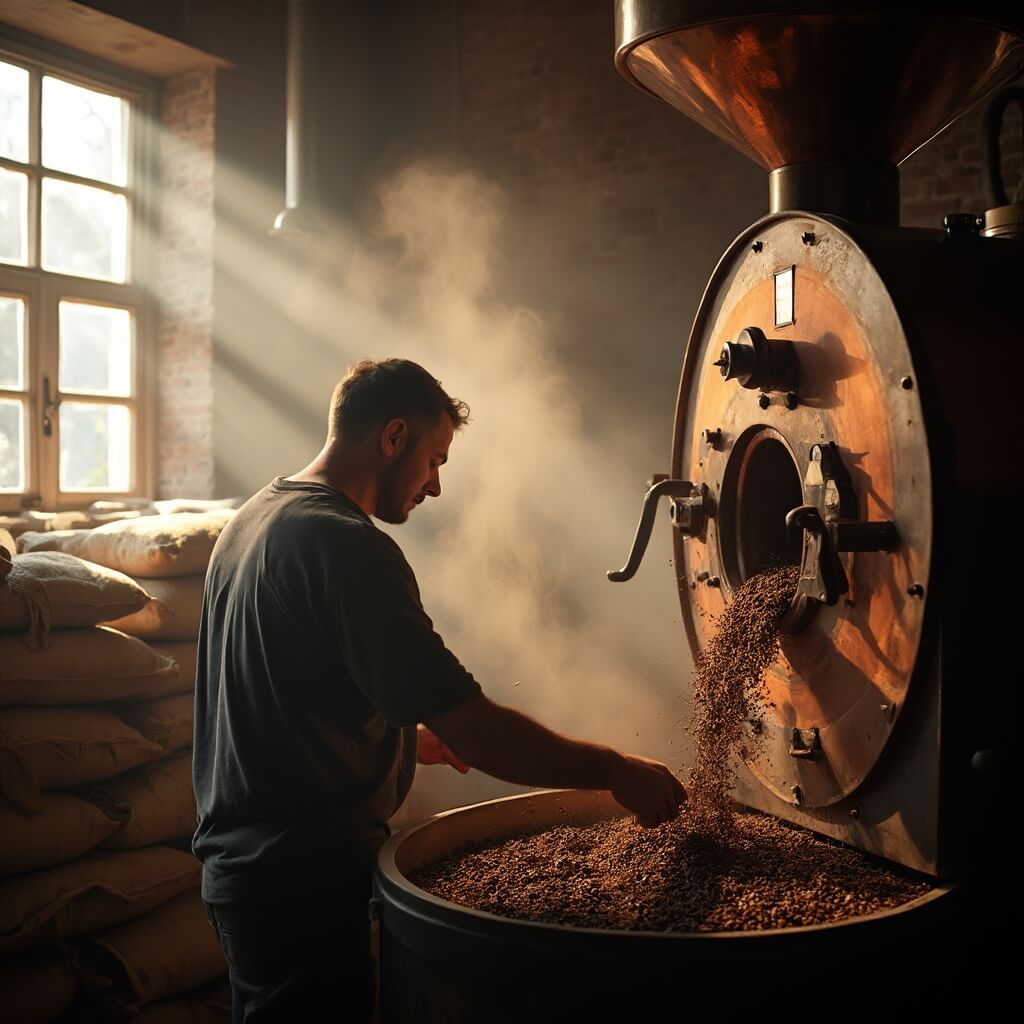Skilled roaster examining freshly roasted beans in a sunlit micro-roasting facility with stacked burlap coffee bags and exposed brick walls
