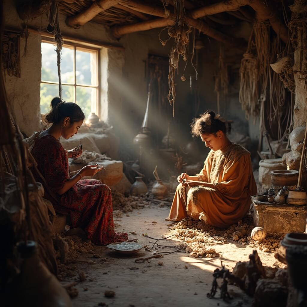 Local artisans crafting traditional artwork in a rustic studio with natural light streaming through windows, showcasing the area's rich artistic heritage
