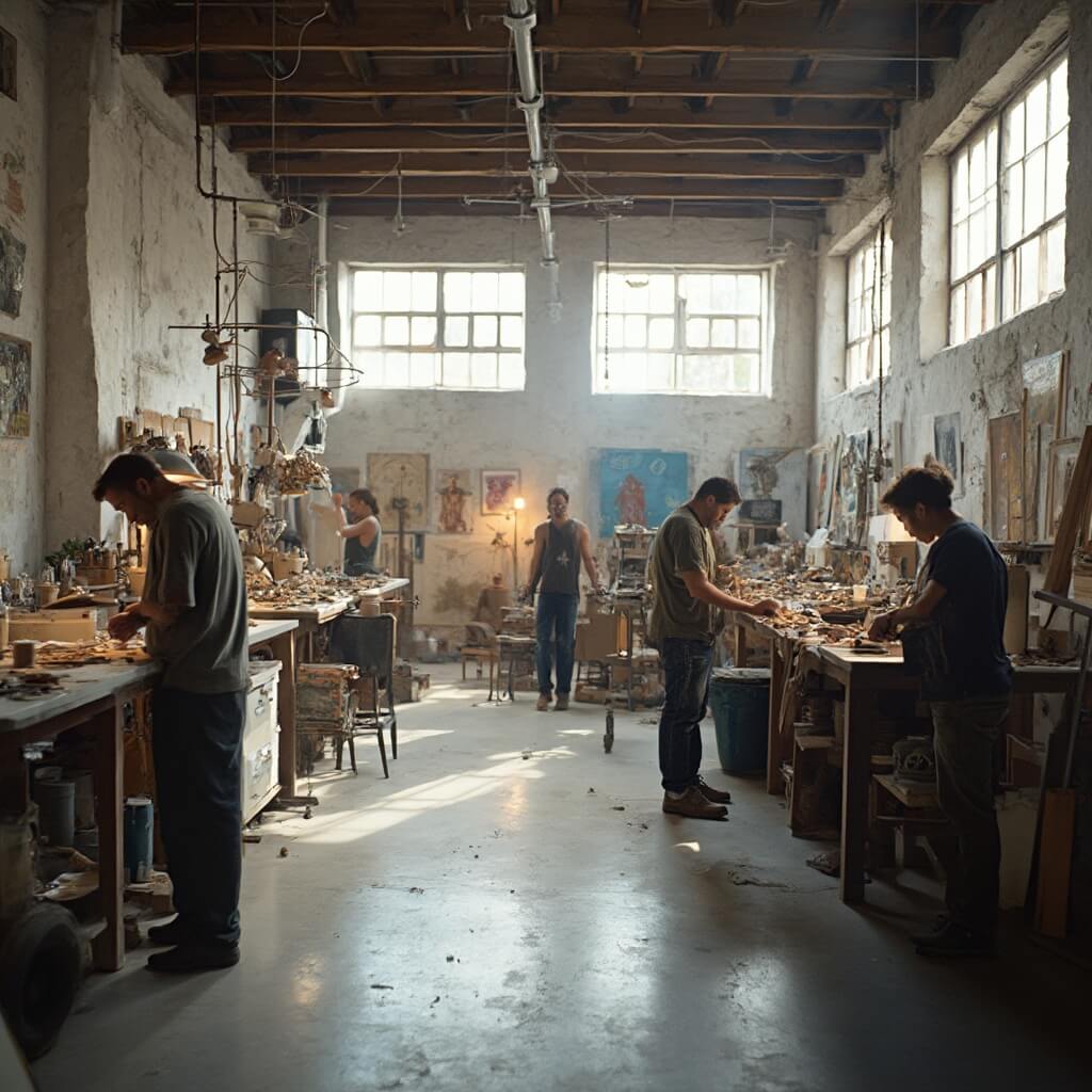 Artists simultaneously working on ceramics, paintings, and metalwork in the bright, open studios of the River Arts District