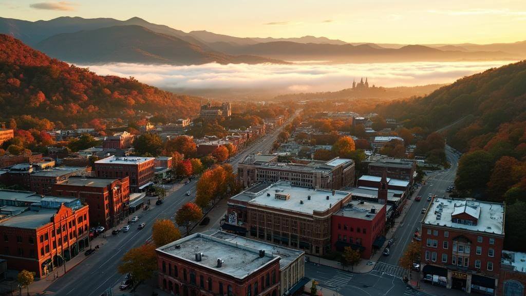 "Panoramic aerial view of downtown Asheville including Grove Arcade, River Arts District, Blue Ridge Parkway, Biltmore Estate, local breweries, and fall foliage during golden hour"