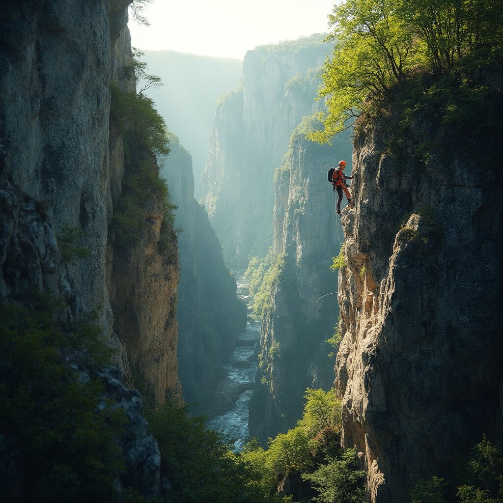 Adventurer navigating via ferrata route on steep rocky walls of Ausable Chasm, with sunlight casting shadows on rugged rocks and green vegetation clinging to canyon edges