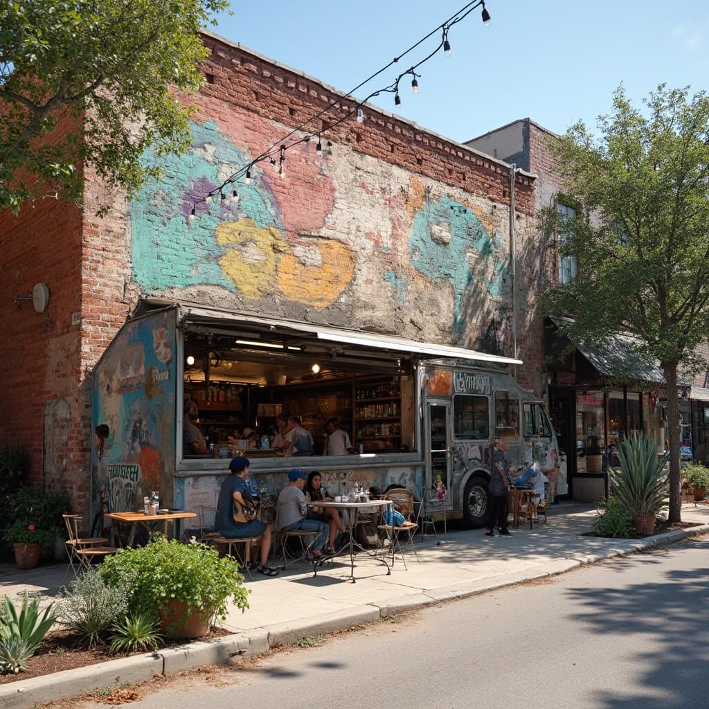 Colorful vintage mural on brick building in sunlit East Austin street, with modern food truck under strung Edison bulbs and local artists at outdoor tables amidst potted succulents and native plants