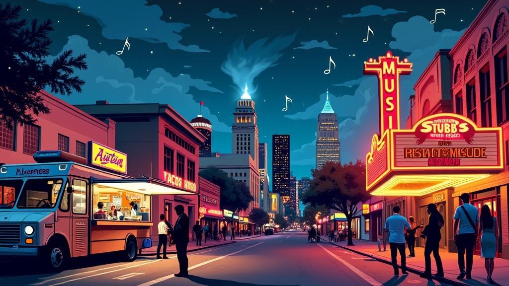 "Stylized illustration of Austin's 6th Street at night with vibrant neon signs, a taco-serving food truck, a street musician, iconic landmarks like Moody Theater and Stubb's BBQ, floating musical notes, and lively crowd."