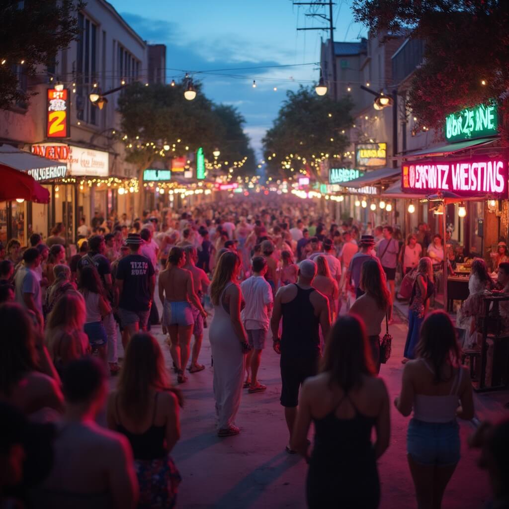 Lively outdoor music scene on Austin's Sixth Street at dusk, featuring multiple live bands, colorful neon signs, street performers, and dancing crowd
