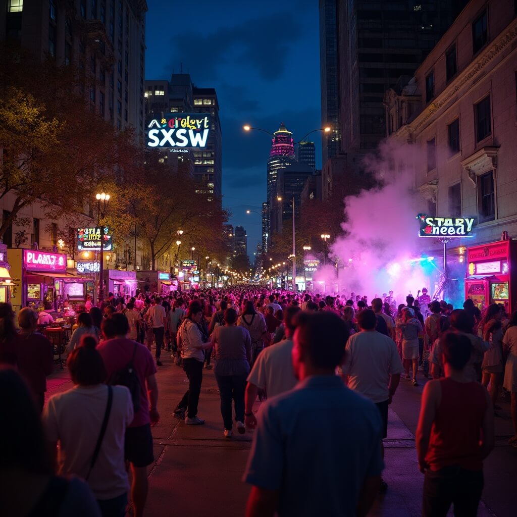 Nighttime street scene in downtown Austin during SXSW featuring lit outdoor stages, bustling crowds, food trucks, neon signs, performing musicians, and steam rising from food truck windows.