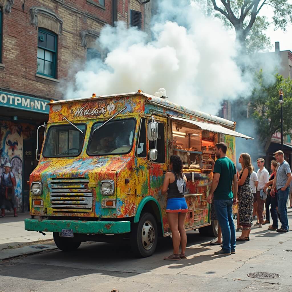 Colorful taco truck serving fresh tacos to a line of customers in a vibrant East Austin street, surrounded by unique street art and urban landscape