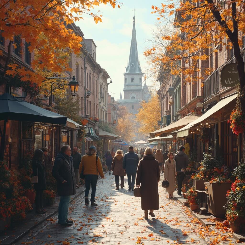 Locals and tourists enjoying a bustling autumn day at Church Street Marketplace in New England with historic architecture, street performers, fall foliage, and community shopping atmosphere.