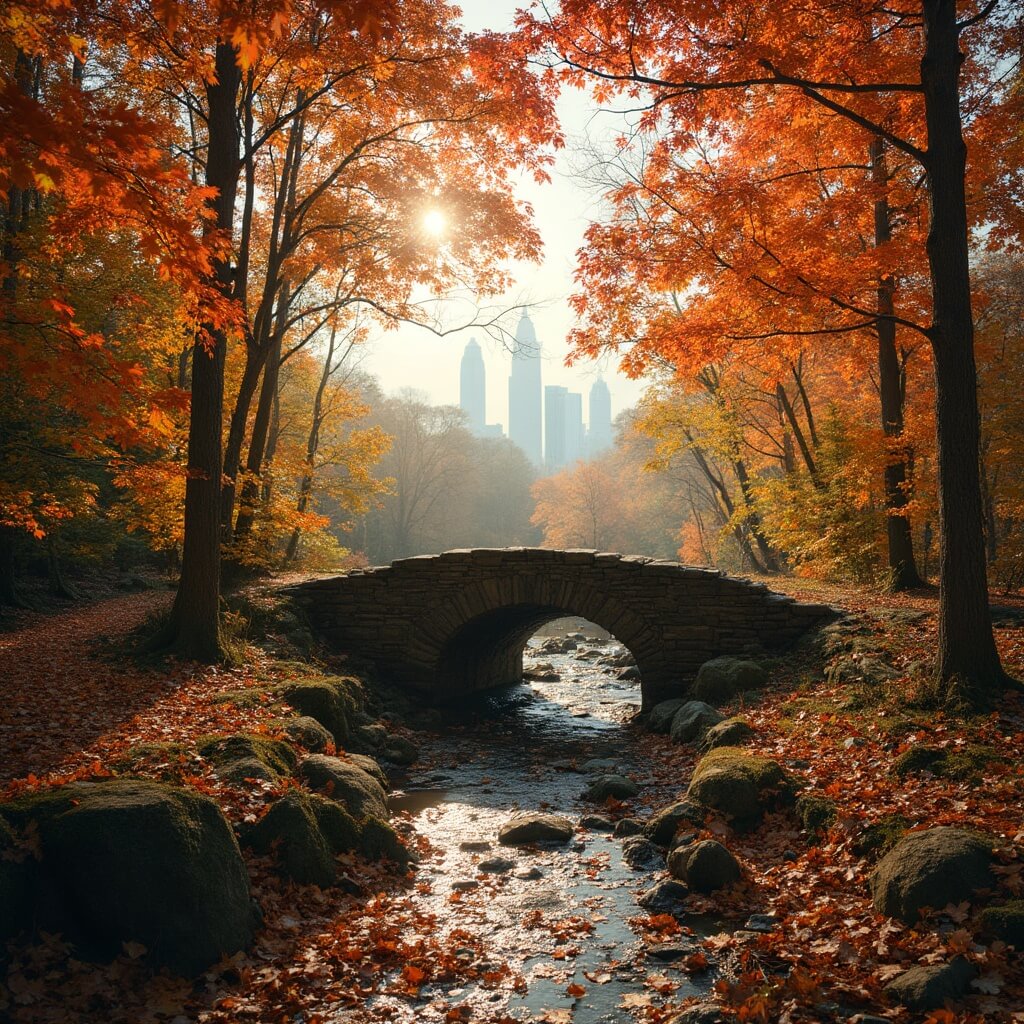 Stone bridge over a creek in Rock Creek Park on an early autumn afternoon with sunlight filtering through fall-colored maple trees and city skyline partially visible in the distance