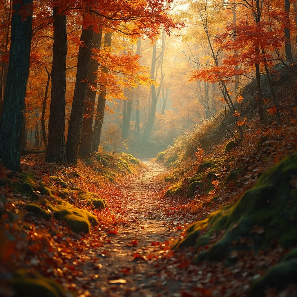 Winding hiking trail through an autumn forest with vibrant fall foliage and sunlight filtering through the trees