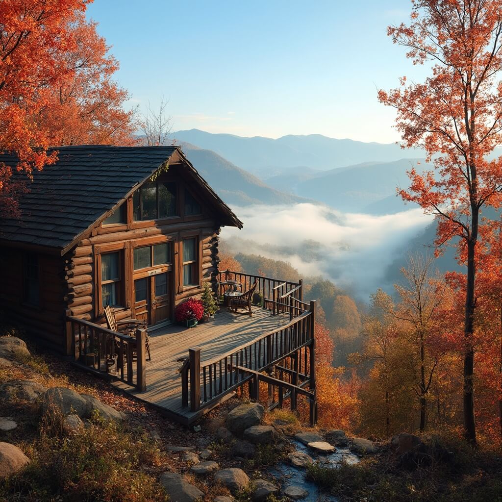 Rustic cabin amidst autumn trees with morning fog in the valley and Blue Ridge Mountains in the distance under clear blue sky