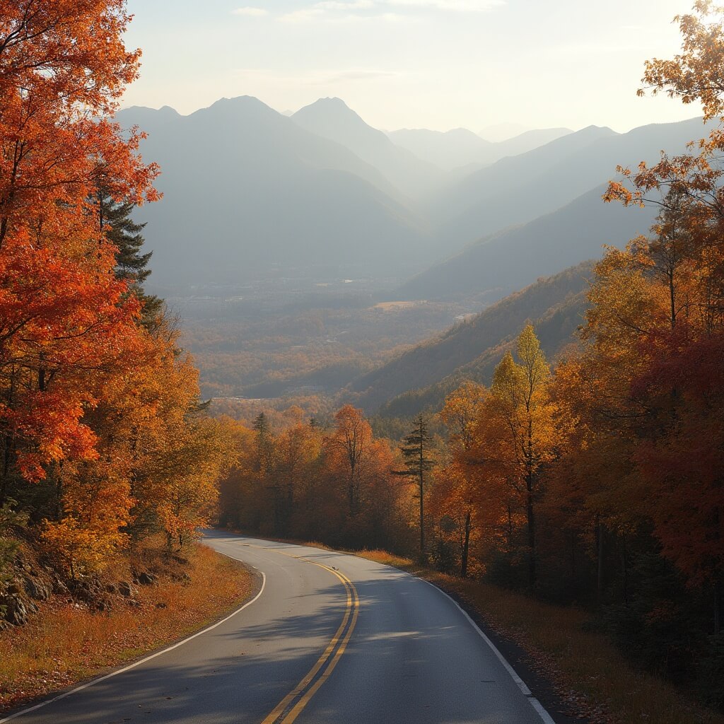 Autumn mountain landscape with scenic road through vibrant fall foliage, misty Adirondack Mountains obscured by colorful leaves