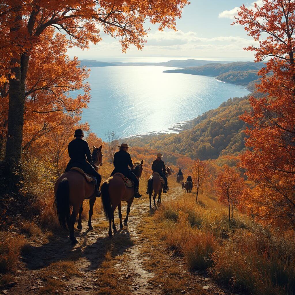 Horseback riders silhouetted against Grand Traverse Bay, traveling along an autumn trail through colorful maple and oak forests highlighted by fall foliage in rich reds and golds.