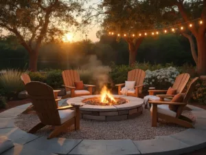 "Luxurious backyard fire pit at golden hour with teak Adirondack chairs, Edison bulb string lights, and manicured garden"