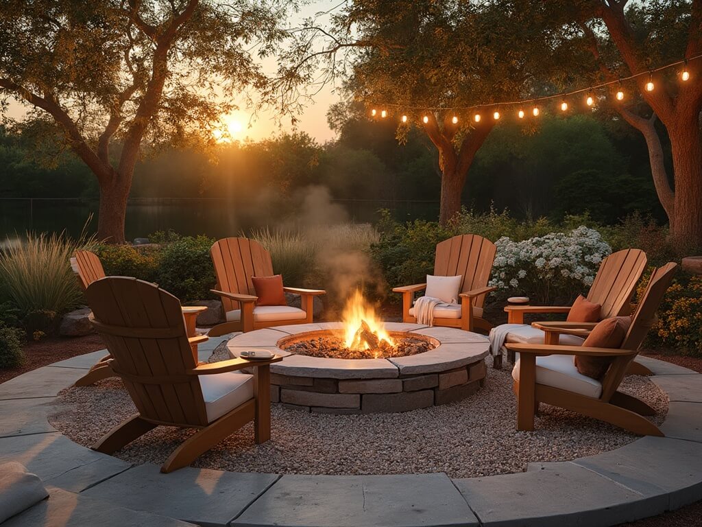 "Luxurious backyard fire pit at golden hour with teak Adirondack chairs, Edison bulb string lights, and manicured garden"