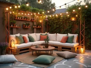 "Transformed backyard oasis at sunset with DIY pallet sofa, string light canopy, mason jar lanterns, herb and succulent garden wall, stenciled concrete patio, and climbing jasmine on a copper pipe pergola."
