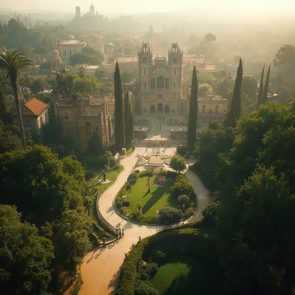 Morning view of Balboa Park featuring lush gardens, Spanish colonial architecture, museum buildings, and empty pathways winding through the greenery