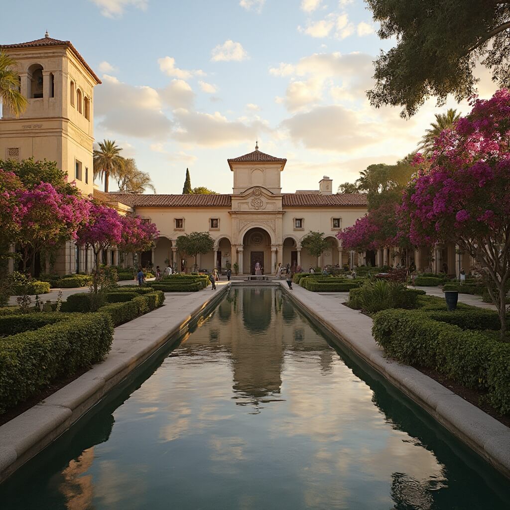 Spanish Colonial Revival buildings at Balboa Park during golden hour, showcasing ornate facades and archways, lush gardens, blooming jacaranda trees, and reflection pools mirroring the historic structures