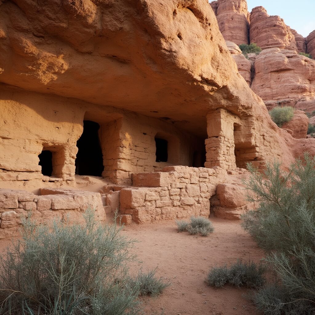 Early morning light illuminating ancient cliff dwelling with ladder access at Bandelier National Monument, surrounded by desert vegetation and dramatic red rock formations