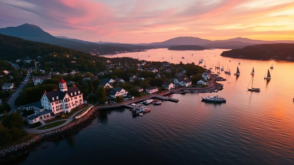 "Aerial view of Bar Harbor, Maine at sunset featuring Bar Harbor Inn, boats in Frenchman Bay, and Cadillac Mountain in the backdrop"