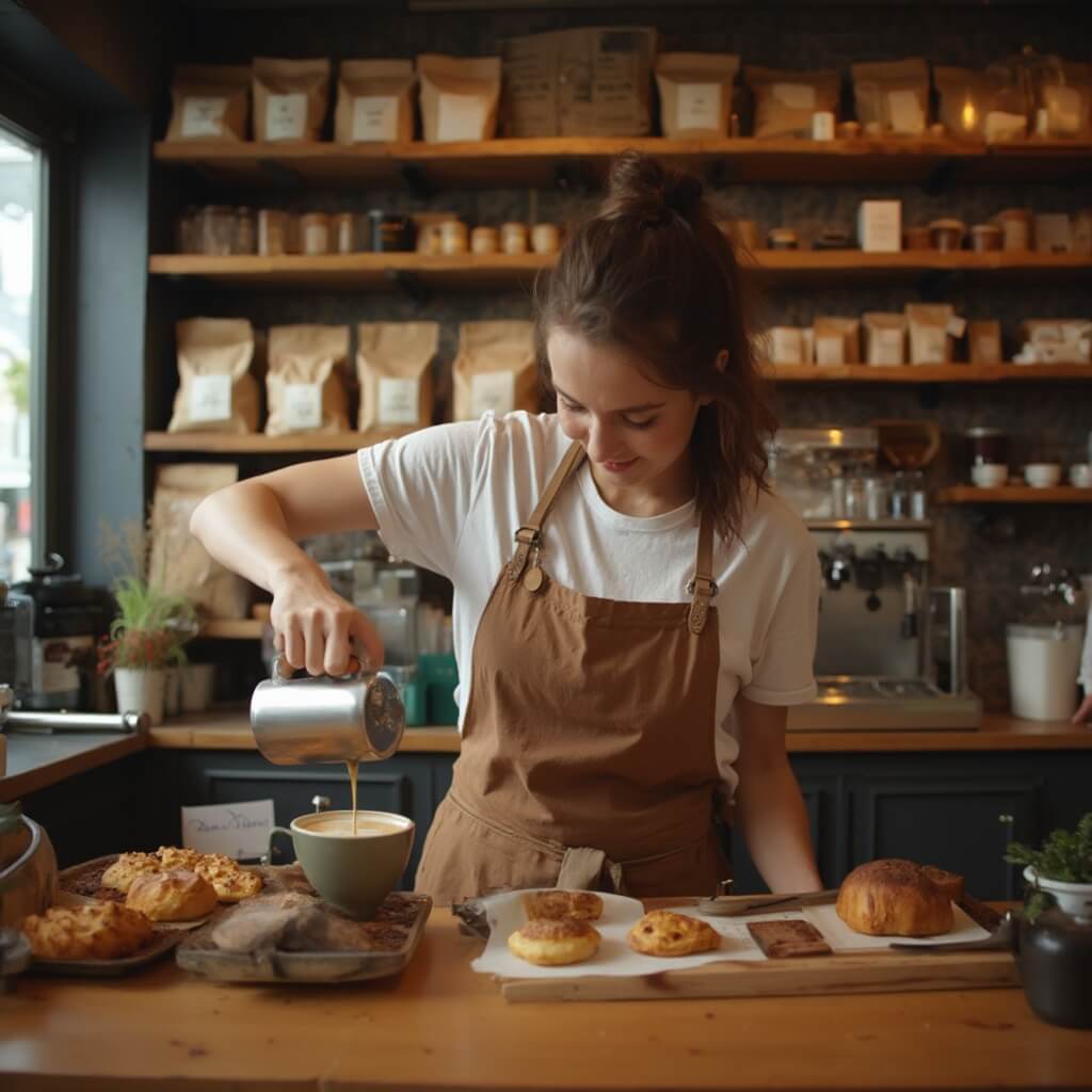 Skilled barista in earth-toned apron creating latte art, with pastries on the counter and wall of locally roasted coffee beans in kraft paper bags on wooden shelves in the background under natural lighting