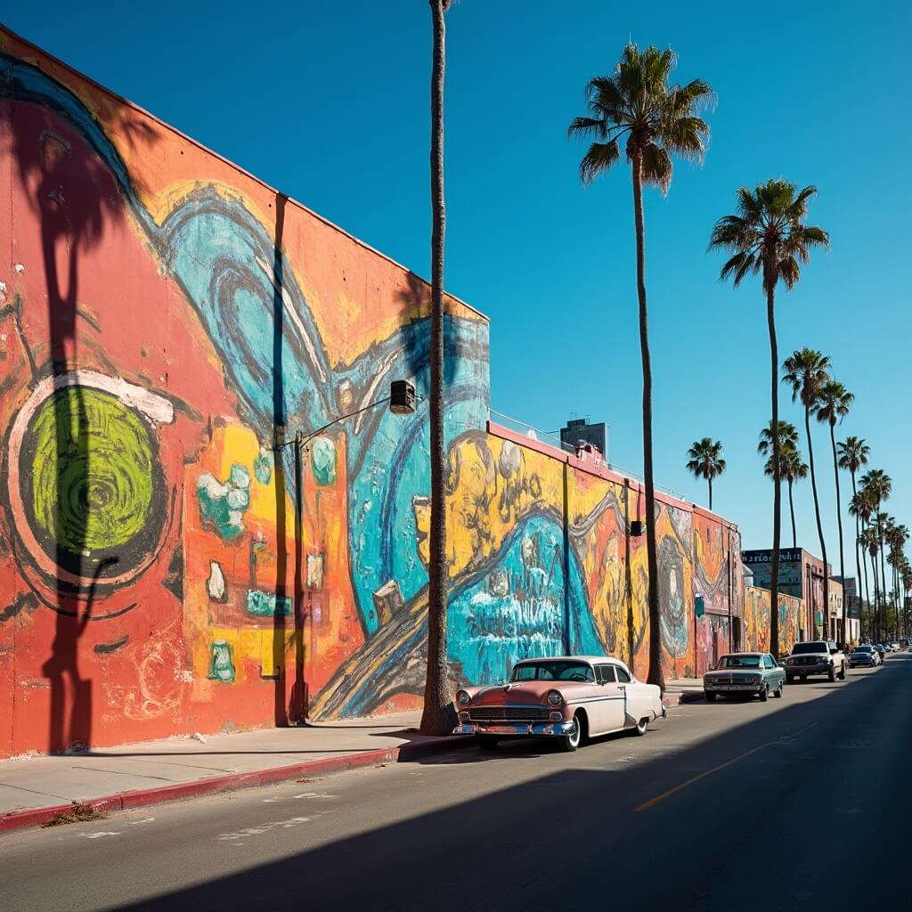Colorful Mexican murals on Barrio Logan's buildings, vintage lowriders parked along, and palm trees against deep blue California sky