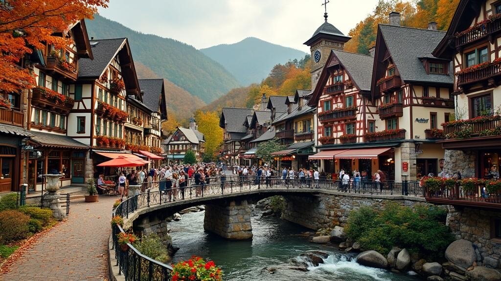 "Charming Bavarian village in North Georgia mountains with colorful Alpine-style buildings, steep roofs, hand-painted murals, and cobblestone bridges over the Chattahoochee River, surrounded by autumn trees with the Blue Ridge Mountains in the background and tourists walking along the streets"