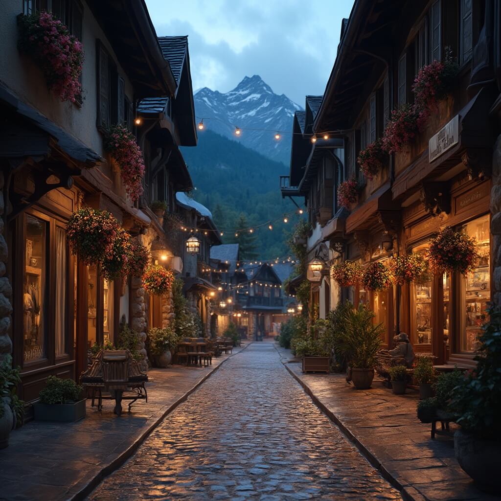 Bavarian-style storefronts at dusk with warm light spilling onto wet cobblestones and silhouettes of Cascade Mountains in the background