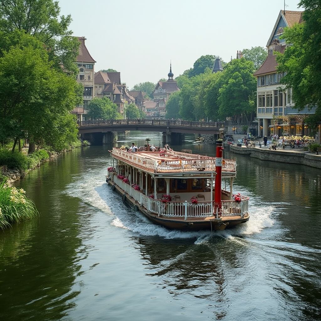 Bavarian Belle Riverboat cruising on Cass River amidst greenery and Bavarian-style buildings in Frankenmuth