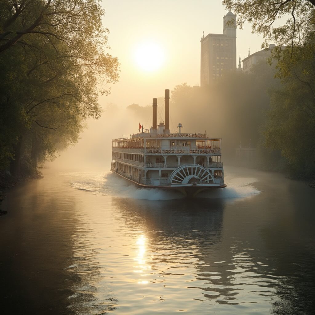 Bavarian Belle Riverboat moving on misty Cass River at sunrise, with golden light filtering through trees and historic buildings visible in the foggy background