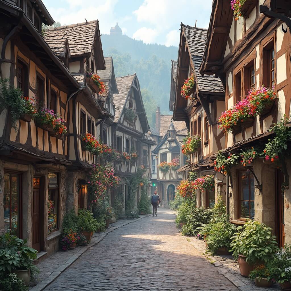 Bavarian-style architecture on Leavenworth's main street with cobblestone road, flower boxes, and early morning light
