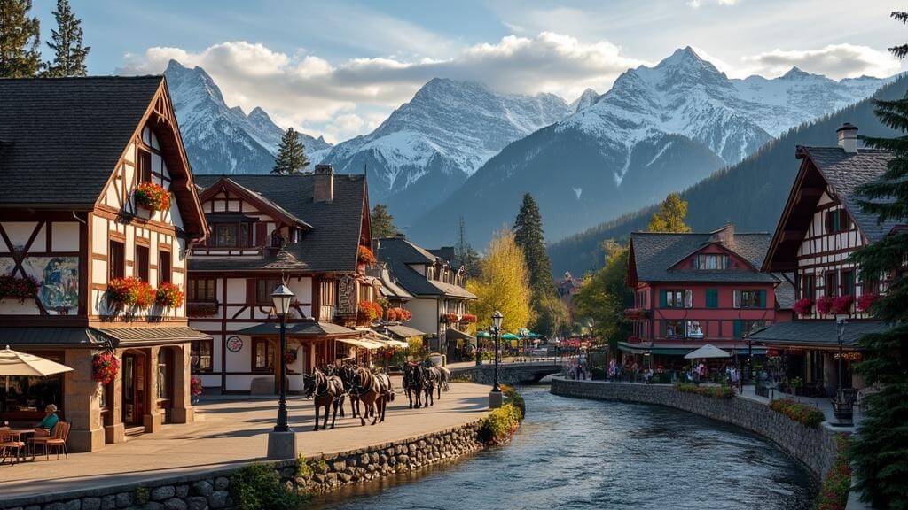"Panoramic view of a Bavarian village with traditional German buildings, surrounded by snow-capped Cascade Mountains and the Wenatchee River, during golden hour"