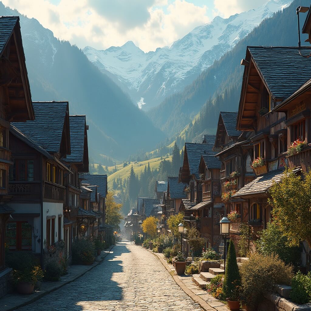 Bavarian-style village in a valley with snow-capped Cascade Mountains, featuring traditional architecture, wooden balconies, colorful murals, and cobblestone streets bathed in golden afternoon light.