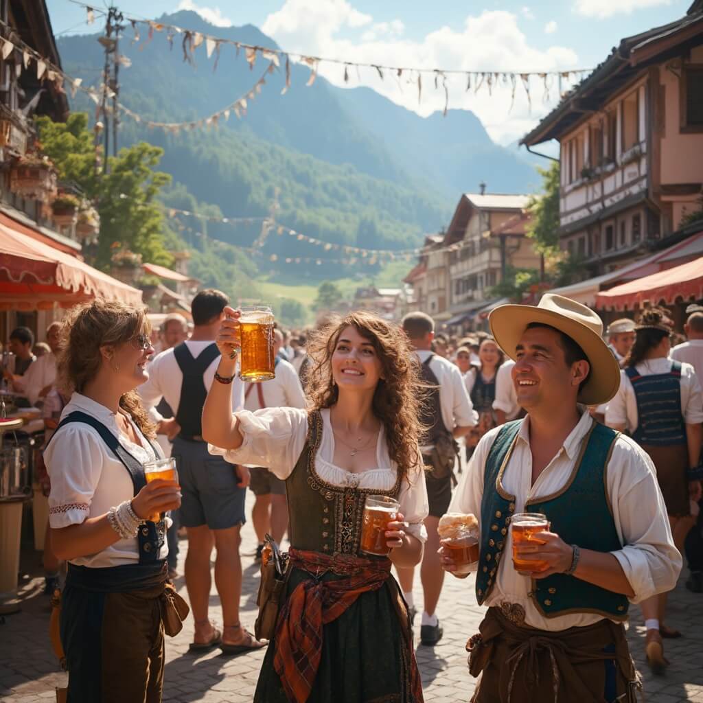 Bavarian cultural festival with locals and tourists in traditional attire, holding wooden beer steins, amidst elaborate decorations, encapsulating the energy and community spirit of an authentic Oktoberfest celebration against a mountain backdrop.