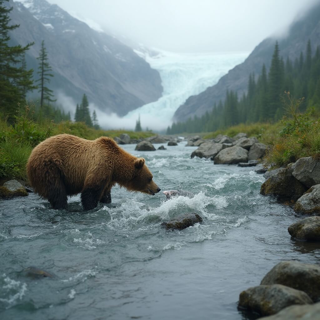 Brown bear fishing for salmon in a clear stream with green vegetation, moss-covered rocks, mist, and mountains in the background