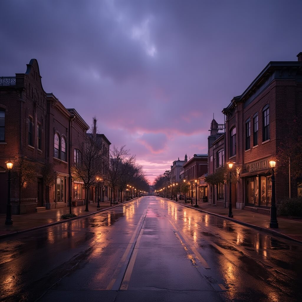 Downtown Bentonville at twilight with wet streets reflecting historic brick buildings' warm interior lights and a soft purple-blue dusk sky overhead