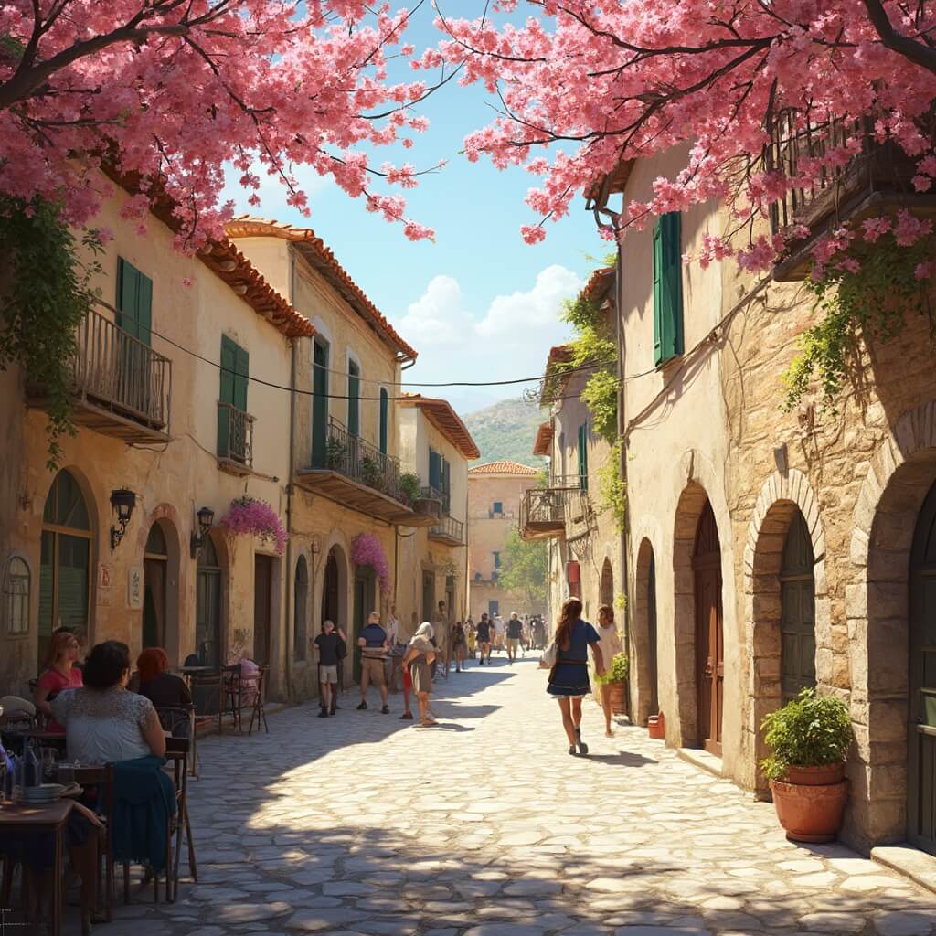 Springtime in Bethlehem's historic district with 18th-century Moravian stone buildings, cherry blossoms, and people at outdoor café