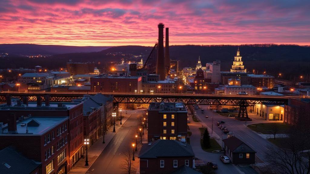 "Aerial view of Bethlehem, Pennsylvania at dusk, featuring the illuminated SteelStacks, Moravian buildings on Main Street, Wind Creek casino, Hoover Mason Trestle, and Lehigh University shining against a purple-orange sky."