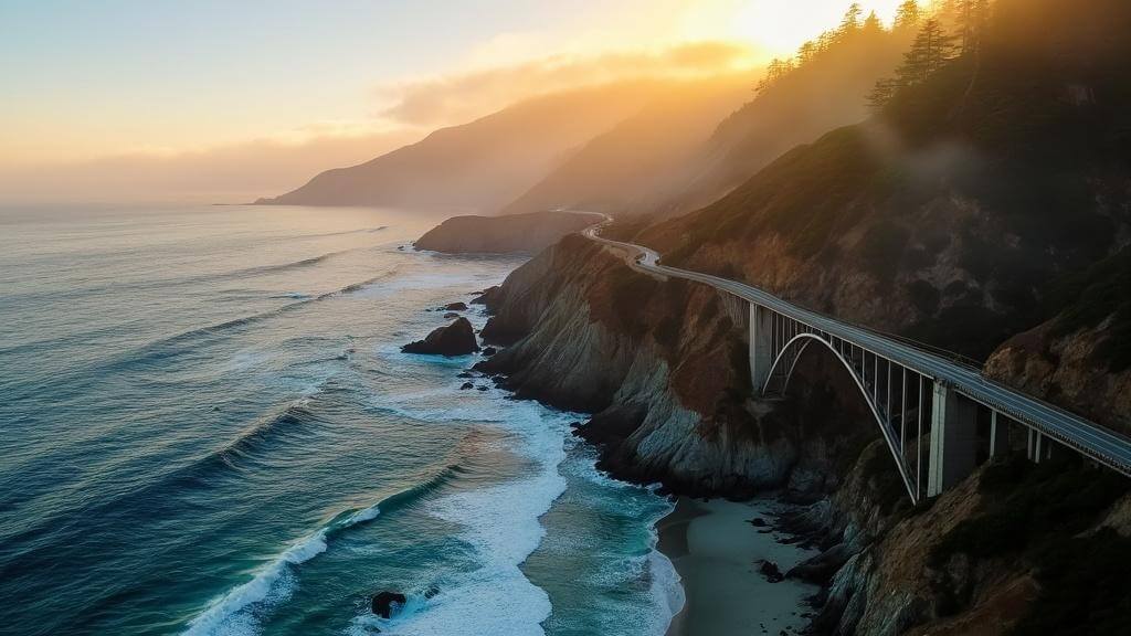 "Dramatic aerial view of Bixby Creek Bridge on Big Sur coastline during golden hour with cliffs, Pacific Ocean, forested mountains and long sunset shadows"