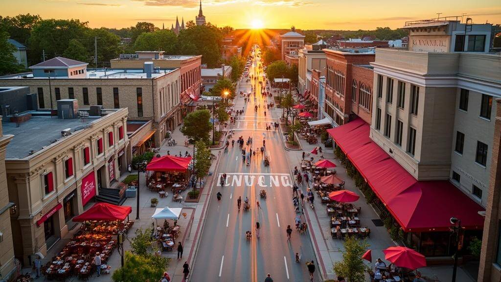 "Aerial view of Bloomington's downtown and Indiana University's campus at golden hour, featuring street art, outdoor dining, the Eskenazi Museum, farmers market, street musicians, and students at cafés"
