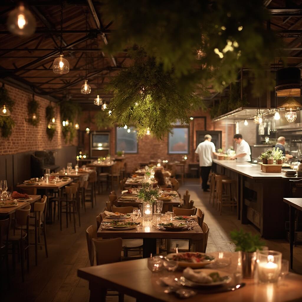 Chefs preparing dishes in a rustic farm-to-table restaurant in Bloomington with warm lighting, wooden tables, and locally sourced ingredients
