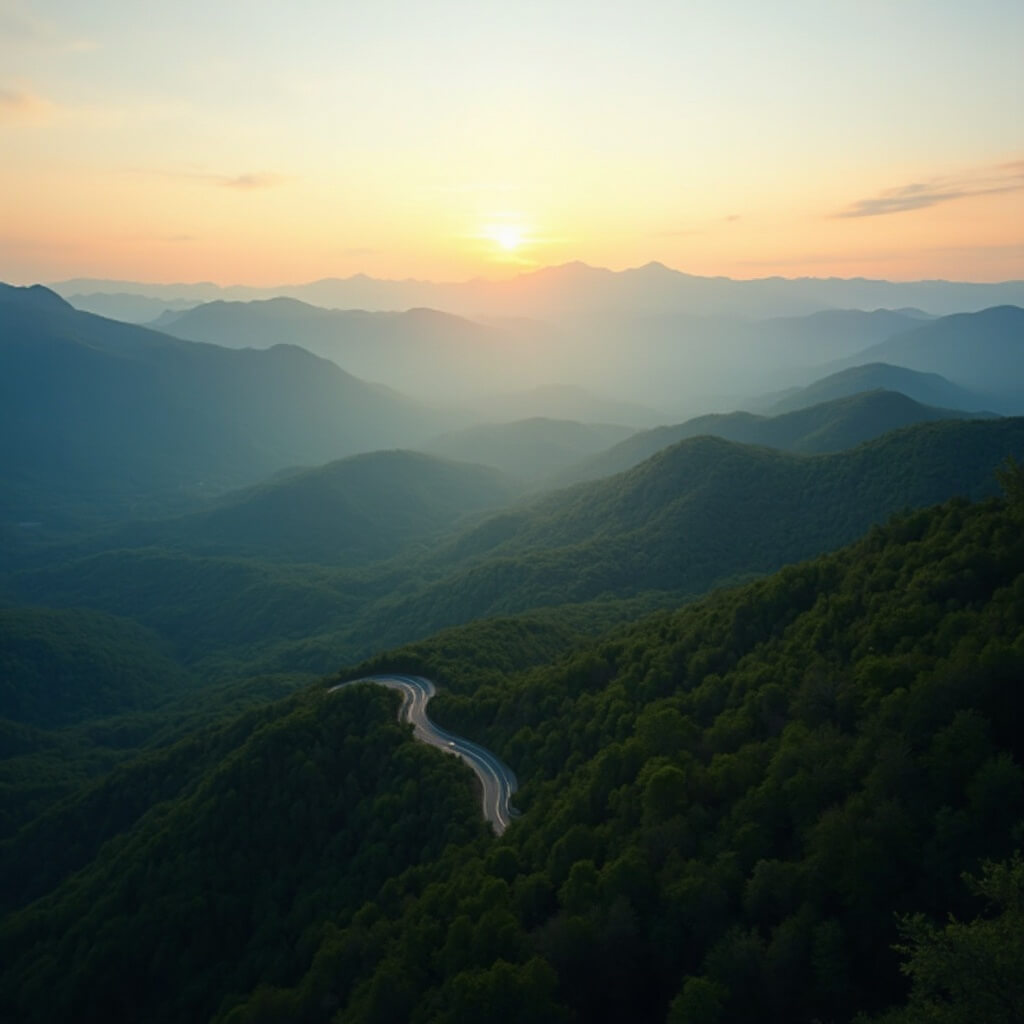 Sunrise over the Blue Ridge Mountains with misty valleys, golden light on peaks and winding roads through green forests