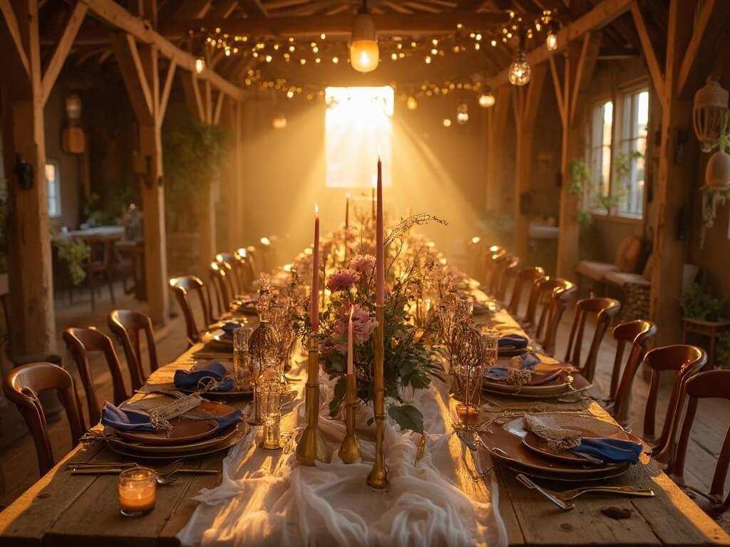 "Rustic barn wedding reception with ethereal table decor, vintage candlesticks, handmade ceramics, and macramé details at sunset"