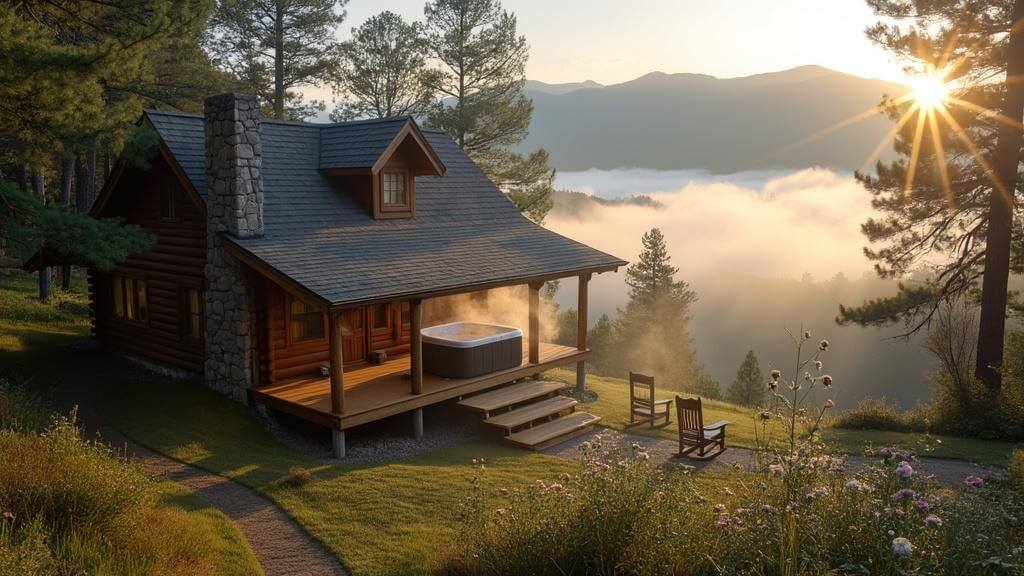 "Misty morning panoramic view of a wooden cabin among pine trees in Boone, North Carolina with the Blue Ridge Mountains in the background, featuring rocking chairs, a hot tub, smoke from a chimney, and a winding path amidst wildflowers."