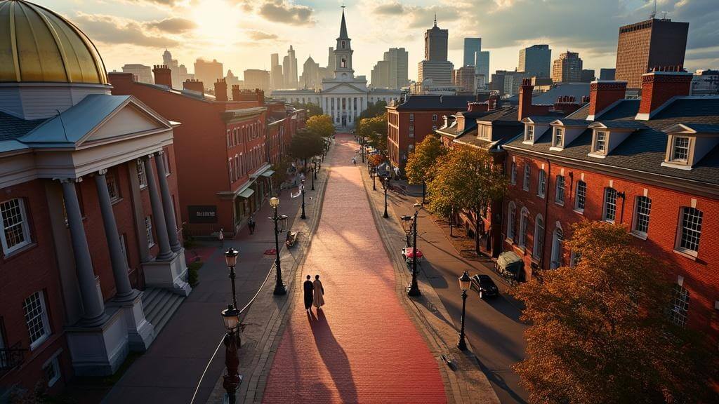 "Aerial view of Boston's Freedom Trail with prominent landmarks like Massachusetts State House, Old North Church, Faneuil Hall, and Beacon Hill against the modern city skyline."