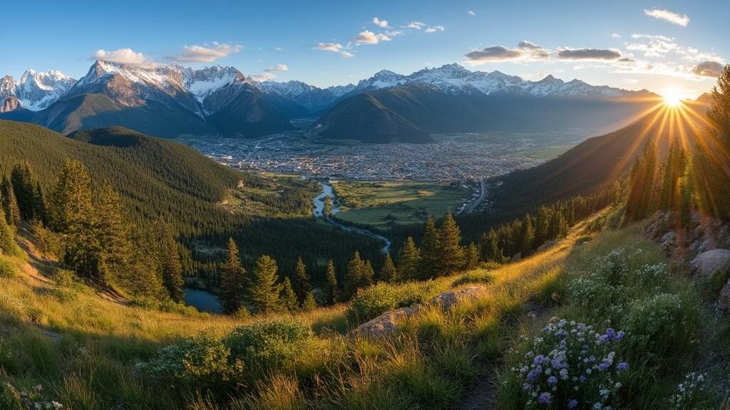 "Golden hour aerial view of Bozeman, Montana with Bridger Mountains, pine forests, outdoor activities on Gallatin River and M Trail, wildflowers and Hyalite Canyon in view."